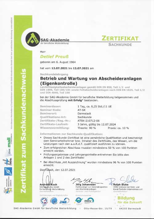 Zertifikat - Sachkunde für Dichtheitsprüfungen an privaten Abwasserleitungen nach §61a LWG NRW